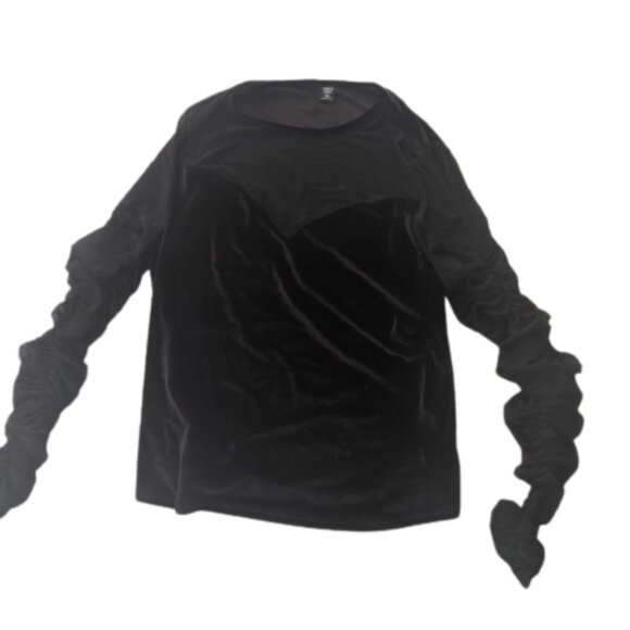 Sexy Black Velour and Mesh Long Sleeve Top with Ruched Sleeves 1XL New - Picture 6 of 6